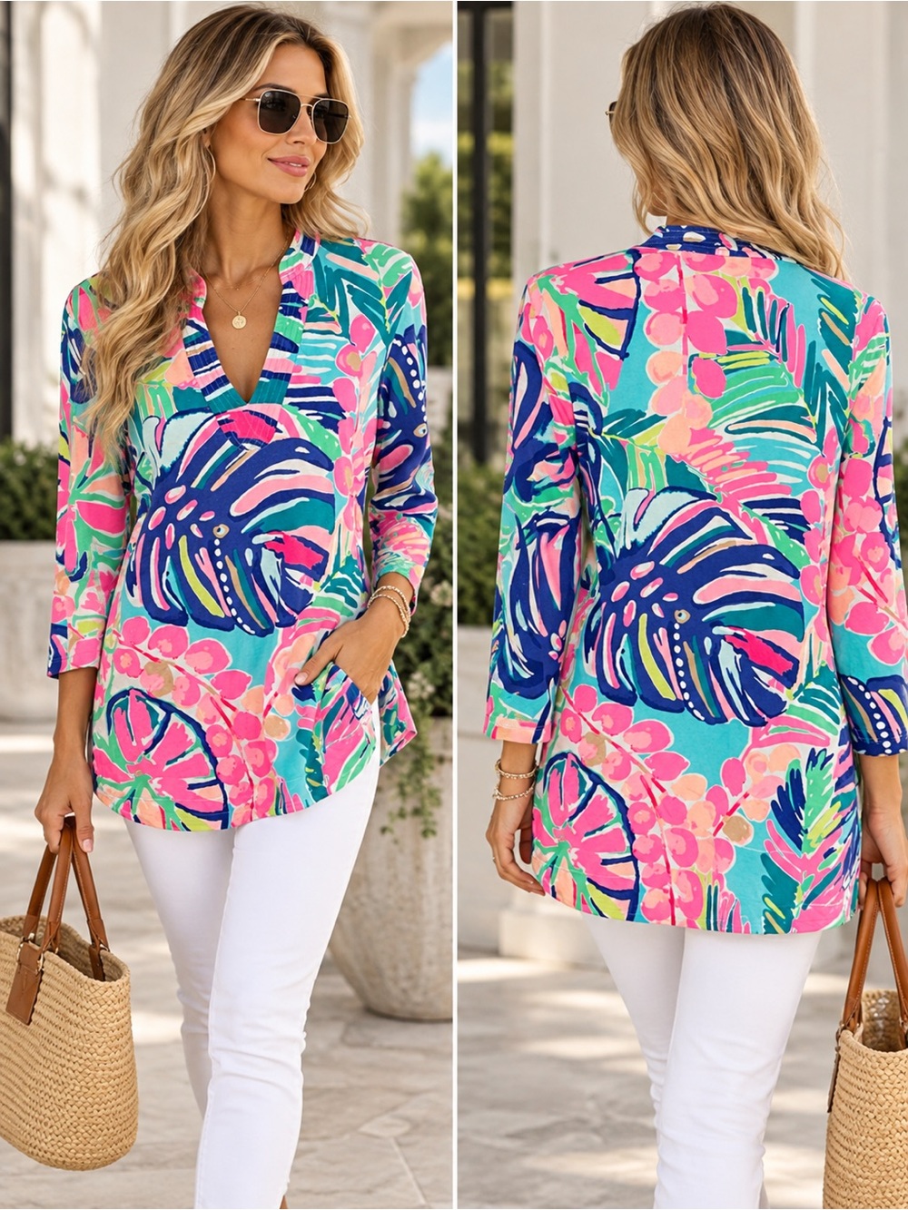 Lilly Pulitzer Vero Tunic Top Womens Medium Multicolor 3/4 Sleeve Upf
50+